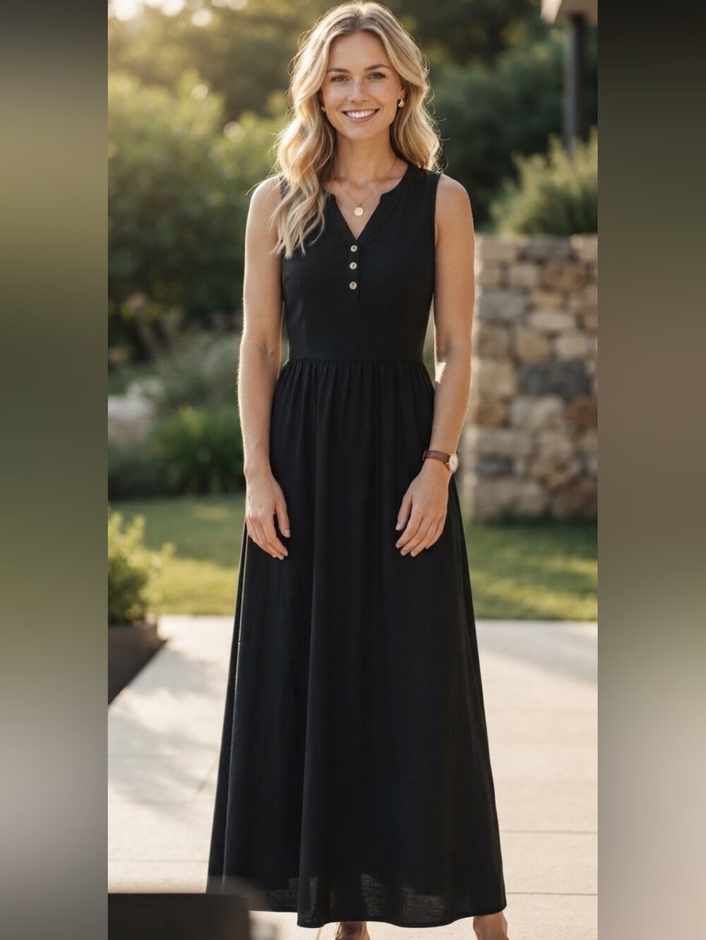 NEW Halara black sleeveless maxi dress with a button-front placket Size Large